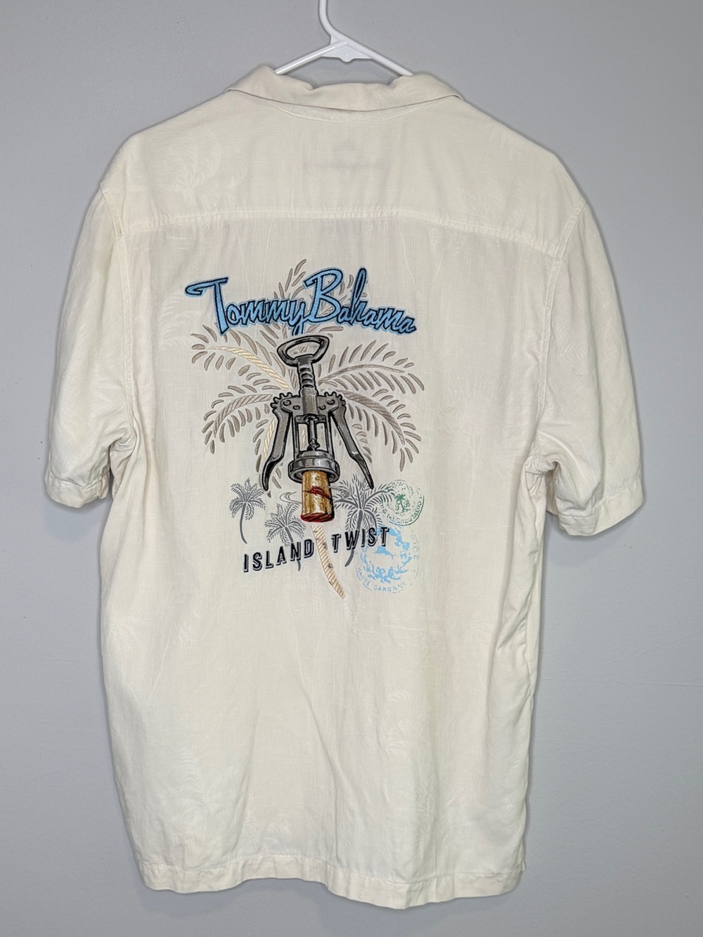 Tommy Bahama Cream Island Twist Embroidered Silk Button Up Shirt Large Palm Tree